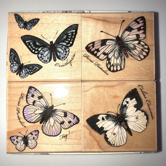 HERO ARTS Poetic Prints Butterfly Butterflies Rubber Stamp Wood Mount Set of 4 - Picture 1 of 9